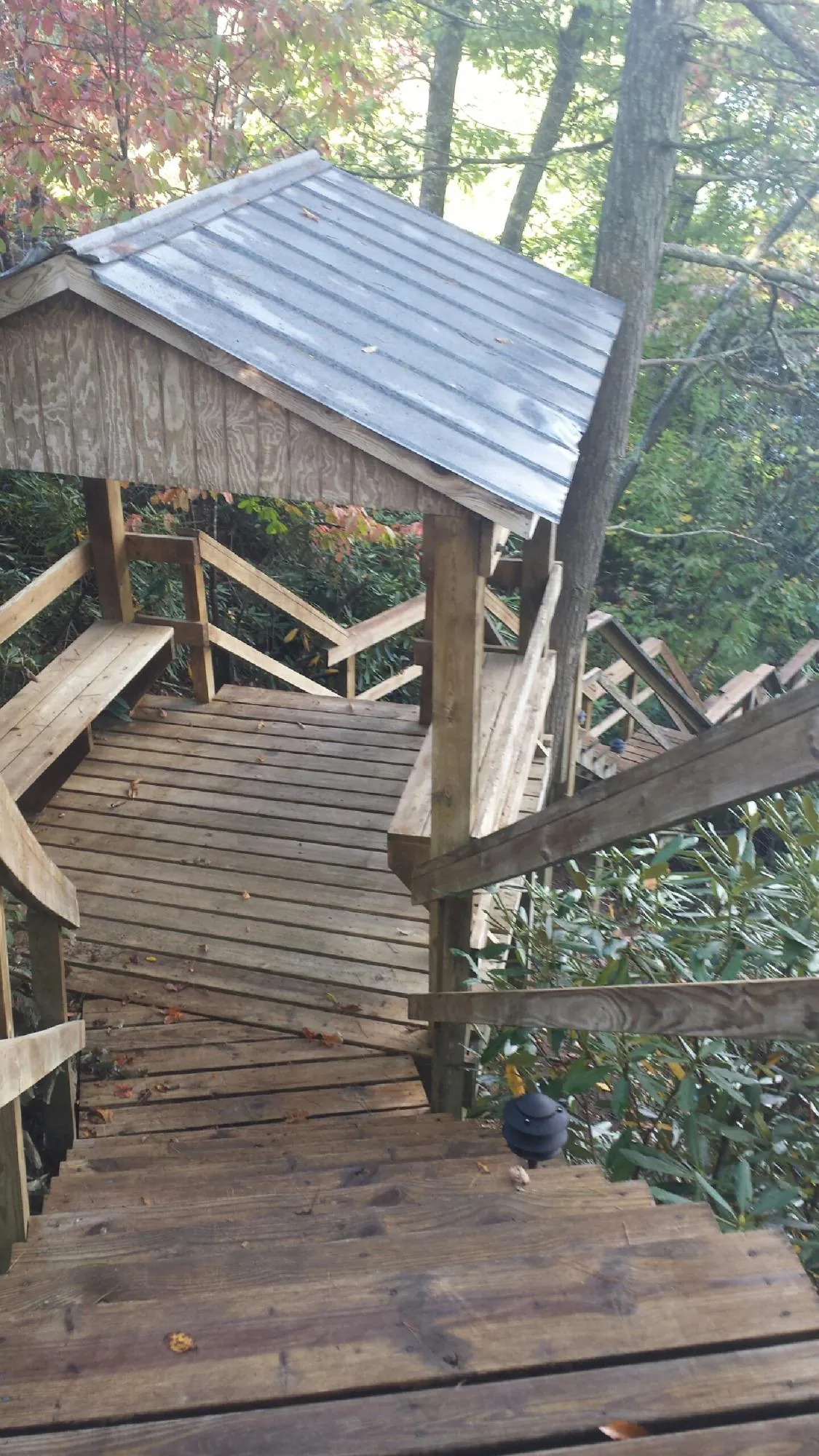 Metal roofed shelter over wooden steps on a wooded walkway — Skylight Repair & Installation work by our crew in Straughn